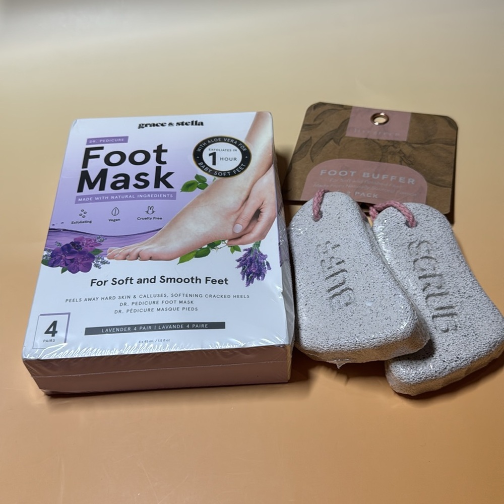 Livegreen Pumice Foot Buffer 2 Pack and Grace & Stella 4 Pair Foot Mask NWT